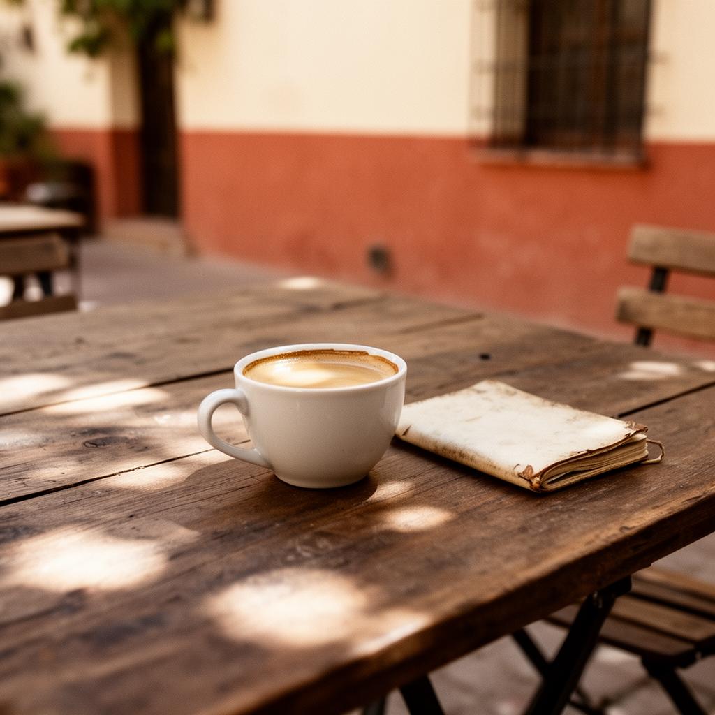 Café con Leche auf einem Holztisch in der spanischen Nachmittagssonne