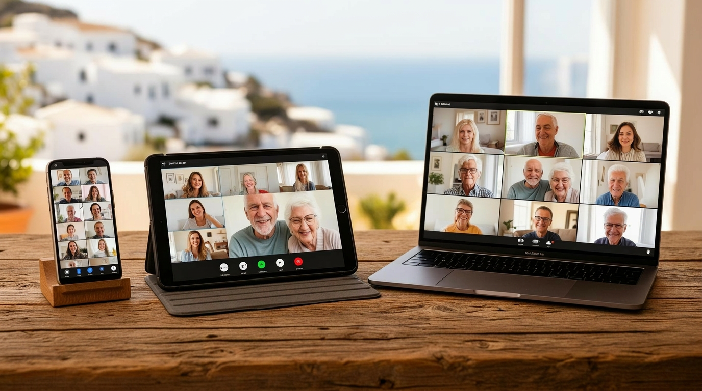 Smartphone, Tablet und Laptop mit einer laufenden Videokonferenz – so finden die Gesprächsrunden statt