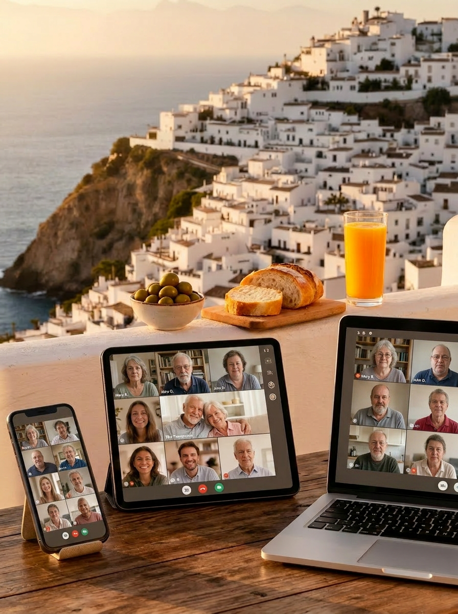Sonnenuntergang über einer mediterranen Terrasse mit frischem Orangensaft, Brot und Oliven, Blick auf ein andalusisches Dorf am Meer