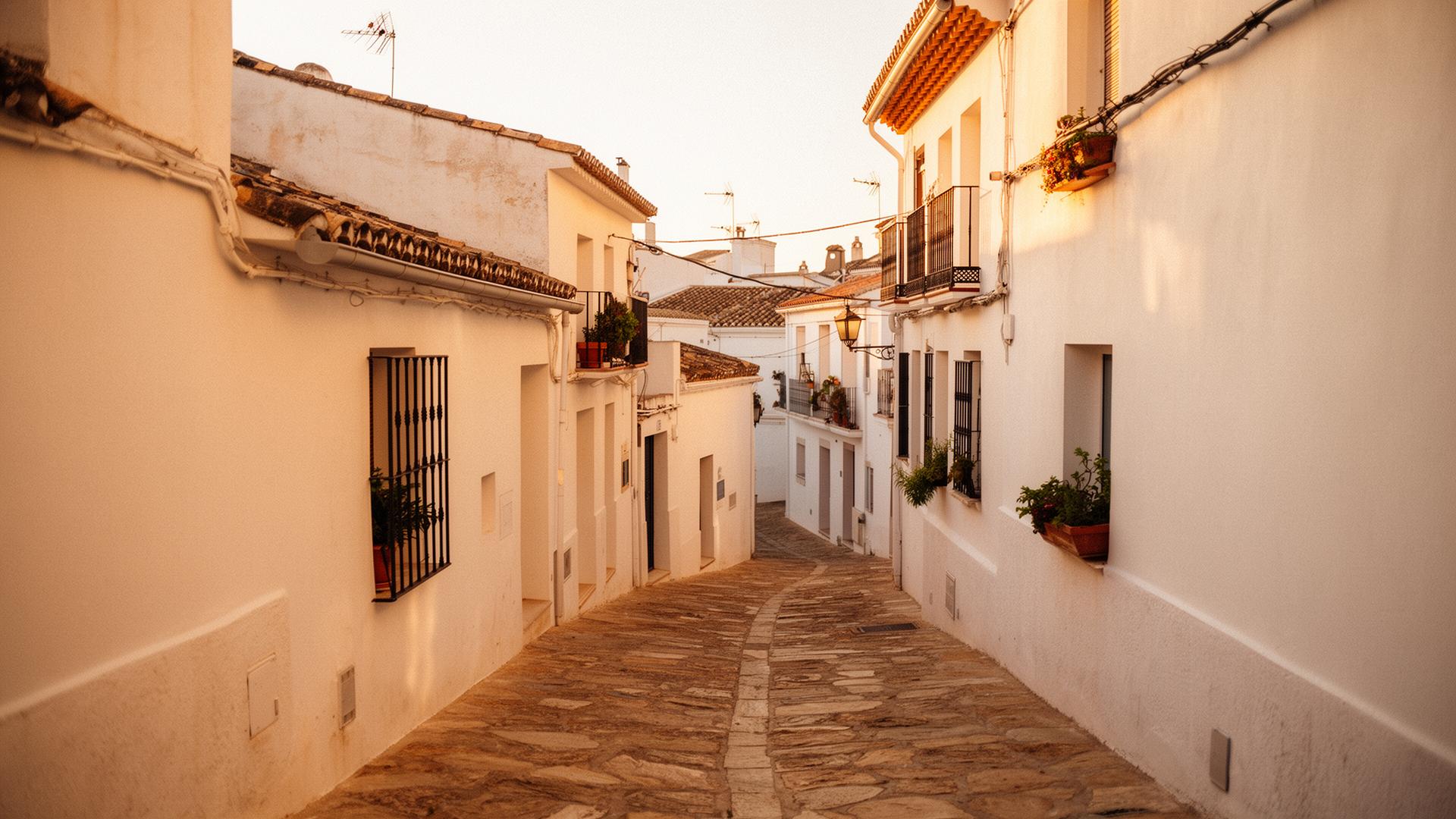 Stille spanische Altstadtgasse im warmen Abendlicht